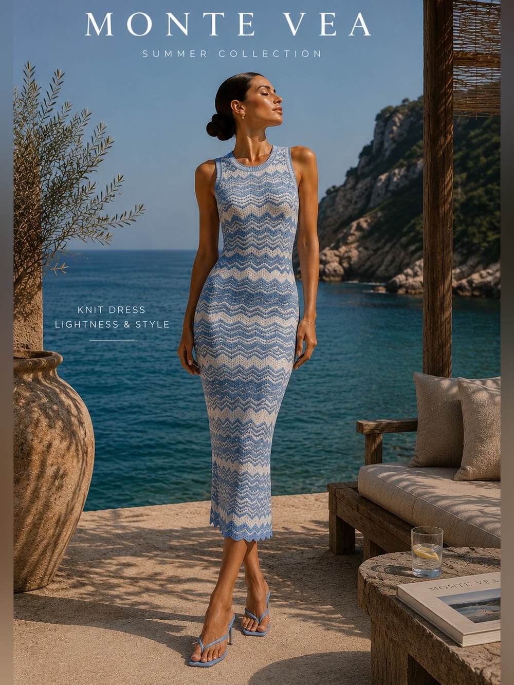 Monte Vea Blue and ivory chevron Knit Midi Dress Size M Resort Wear